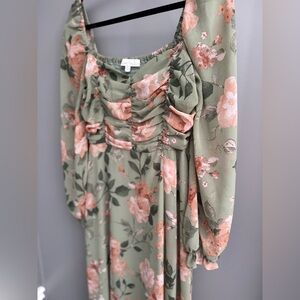 Lovely Day Floral Long Sleeve Dress in Green and Florals